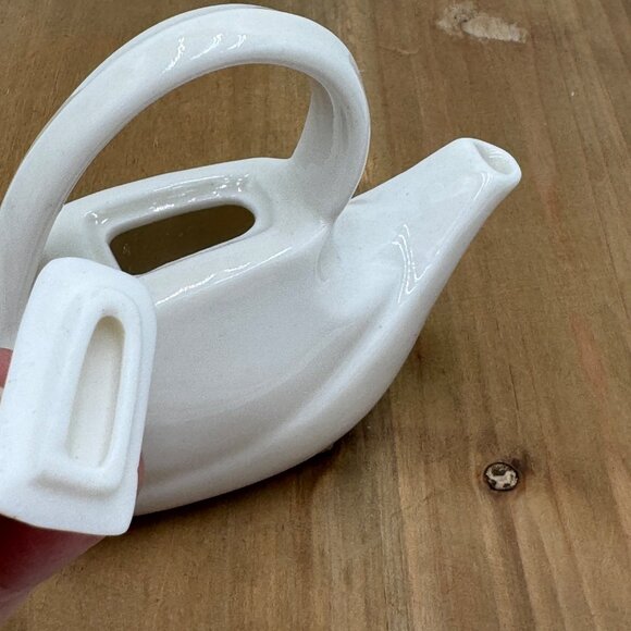 Miniature White Ceramic Teapot With Removable Lid Unique Handle Design Collectib - Picture 4 of 9